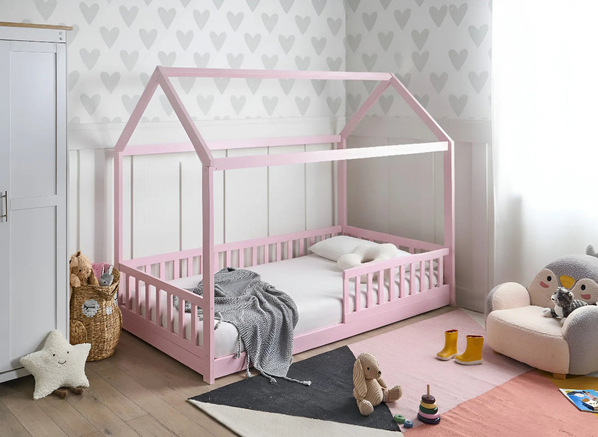 Kids Bed House Pine Wood COSSAYE 90 x 200 cm (EU Single) Pastel Pink