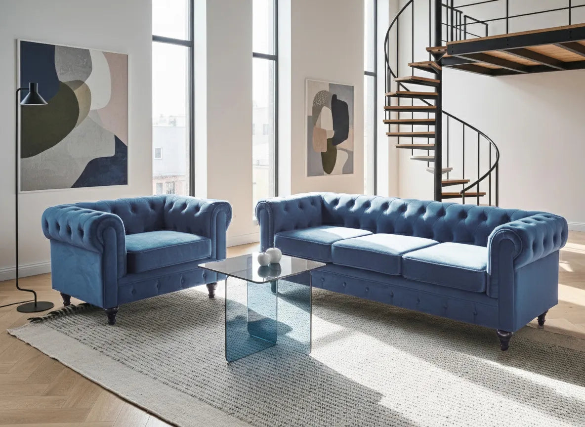 Living Room Set 4 Seater CHESTERFIELD Velvet Navy Blue