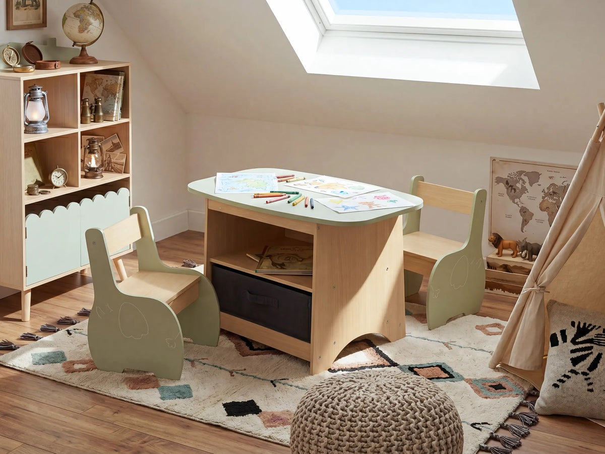 Kids Table with Chairs LUCAS Light Brown/ Green