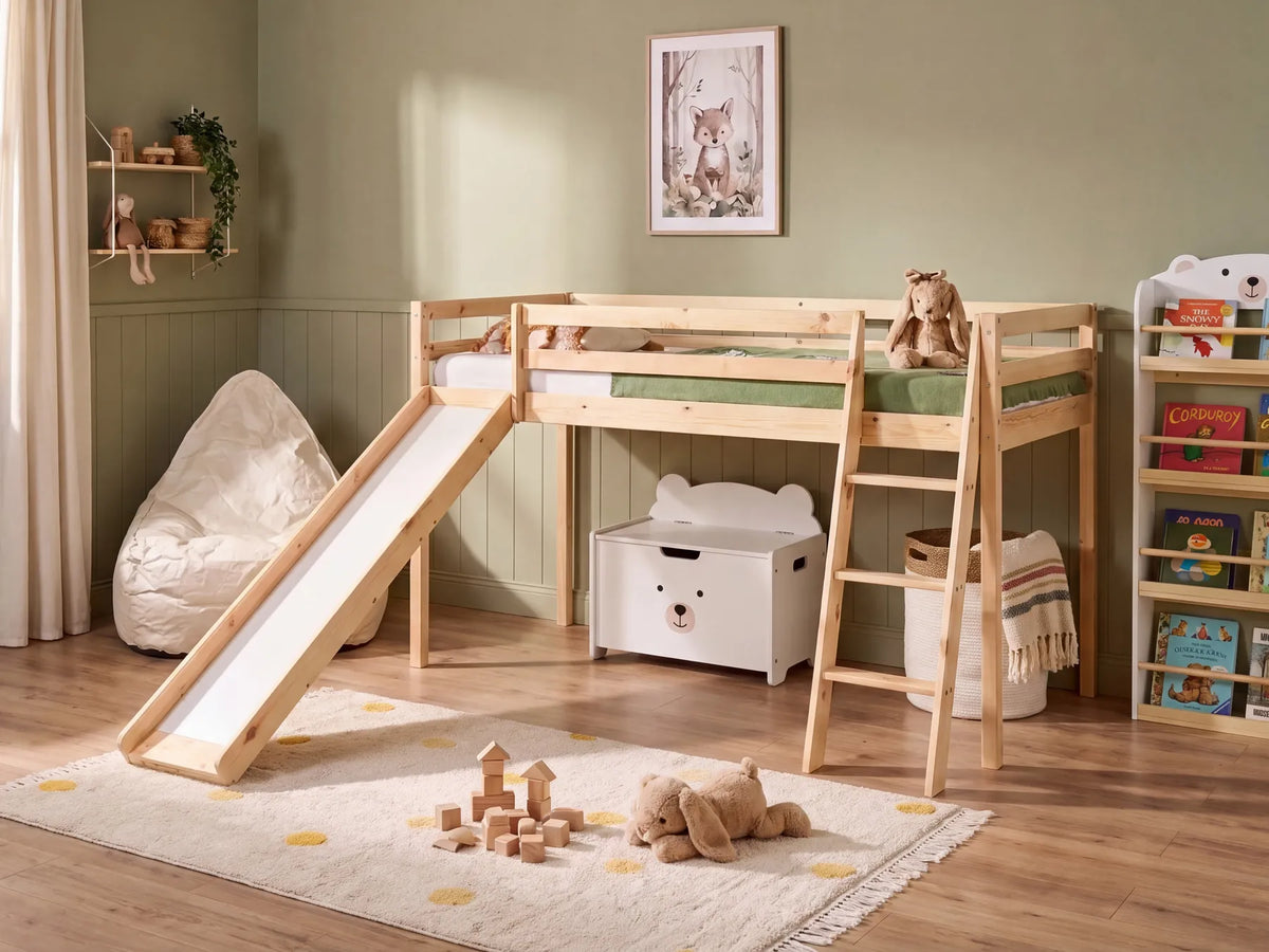 Mid Sleeper Bed Pine Wood STAPLE 90 x 200 cm (EU Single) with Slide Light Brown